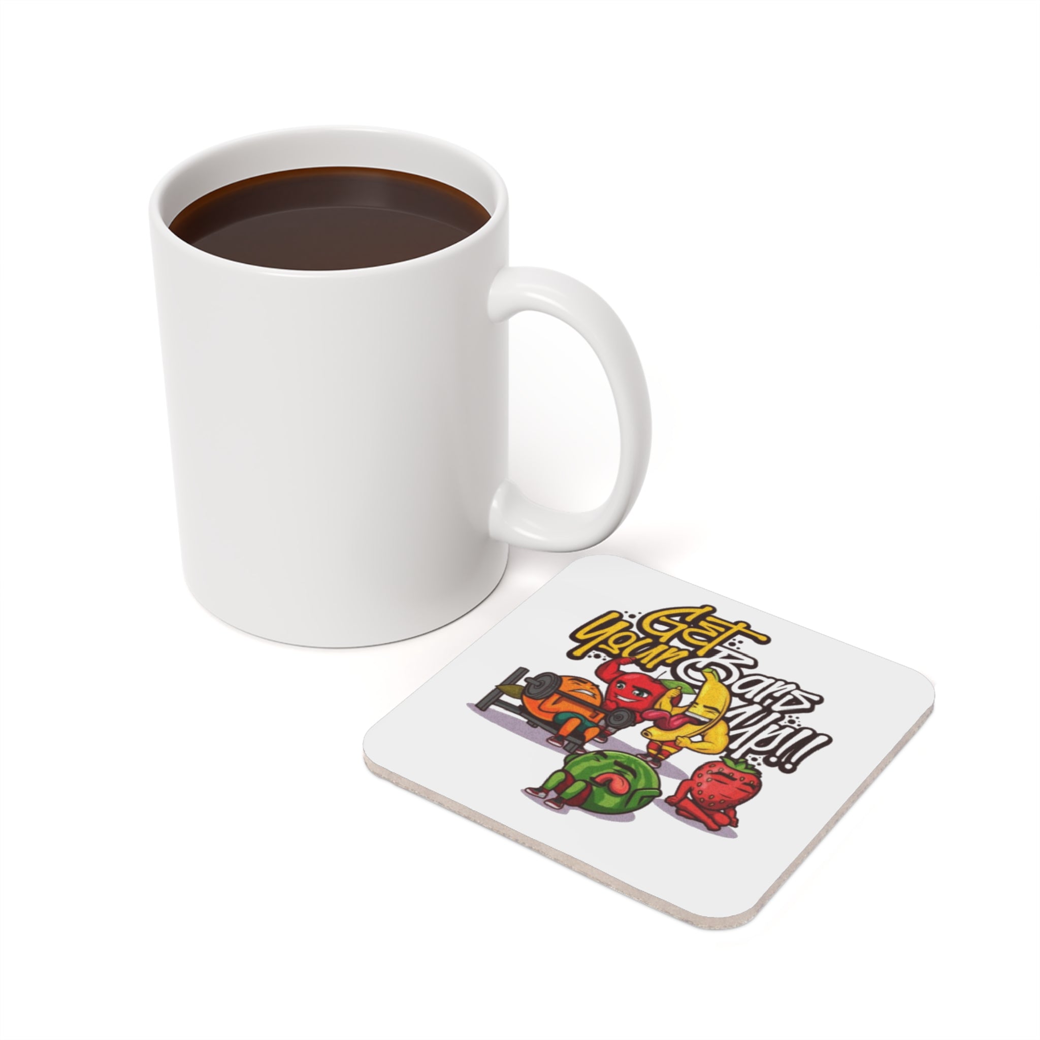 Coaster — "Get Your Bars Up!!" Fitness Fruit Cork Back Drink Coaster