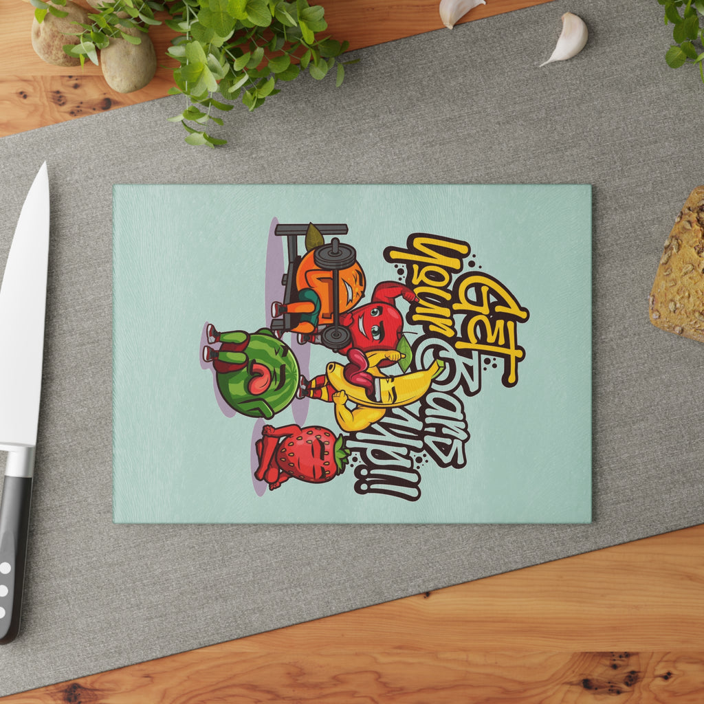 Glass Cutting Board — Funky Fruit Crew Design (Eat Your Veggies)