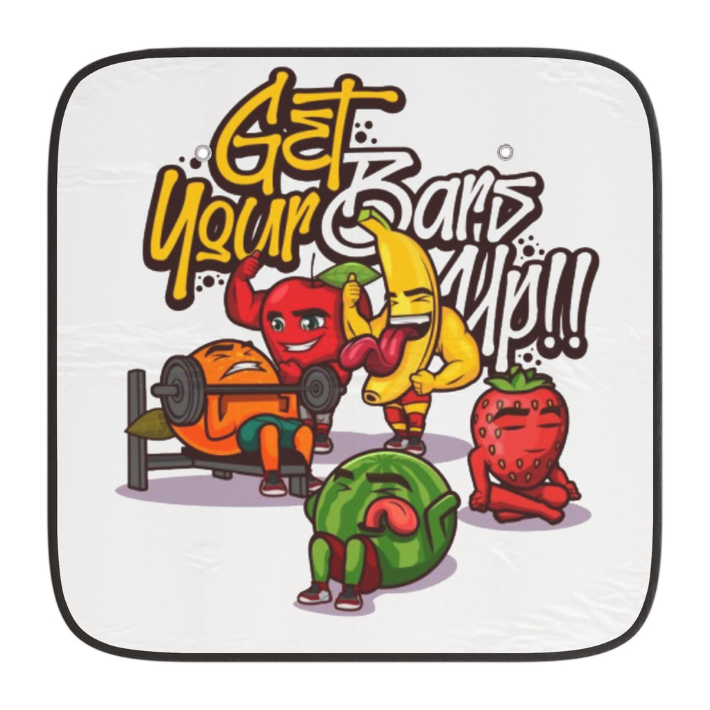 Car Sun Shade — "Get Your Gains Up!" Funny Fruit Gym Cartoon Windshield Cover